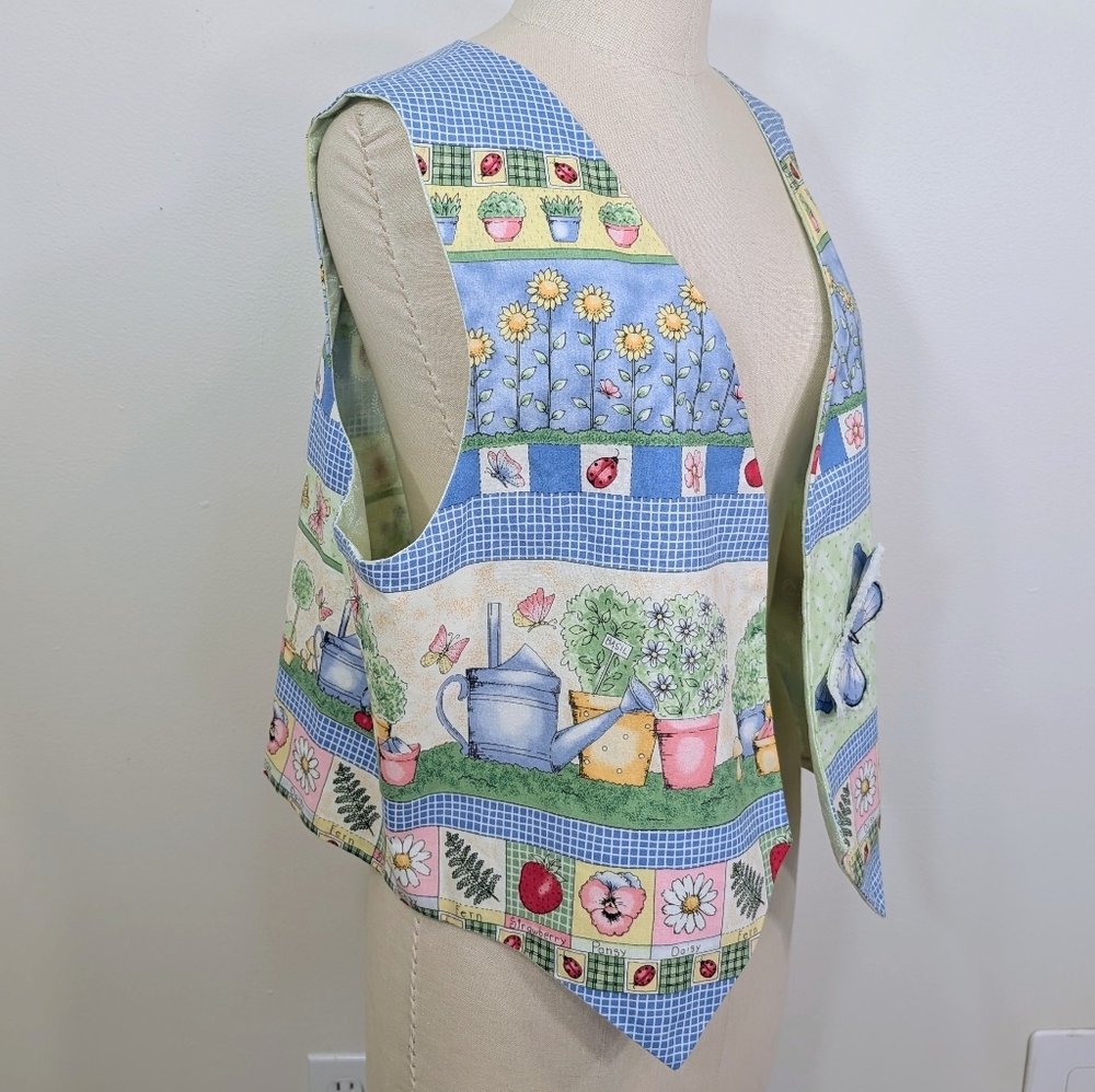 Handmade "Garden" vest W 3D butterflies, plants, flowers, farmhouse Vest. 2X - Picture 3 of 14